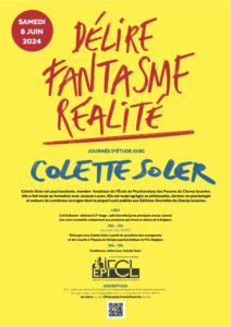 Affiche simple avec des couleurs primaires. Fond jaune, titre rouge, Colette Soler en bleu. La date est en blanc dans un rond à fond rouge. Les informations sont repris dans la page porteuse de cette image.