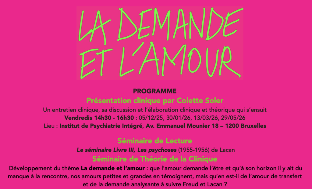 Début du programme sur fond rose. Le titre La demande et l'amour est en vert fluo, dans une police manuscrite.